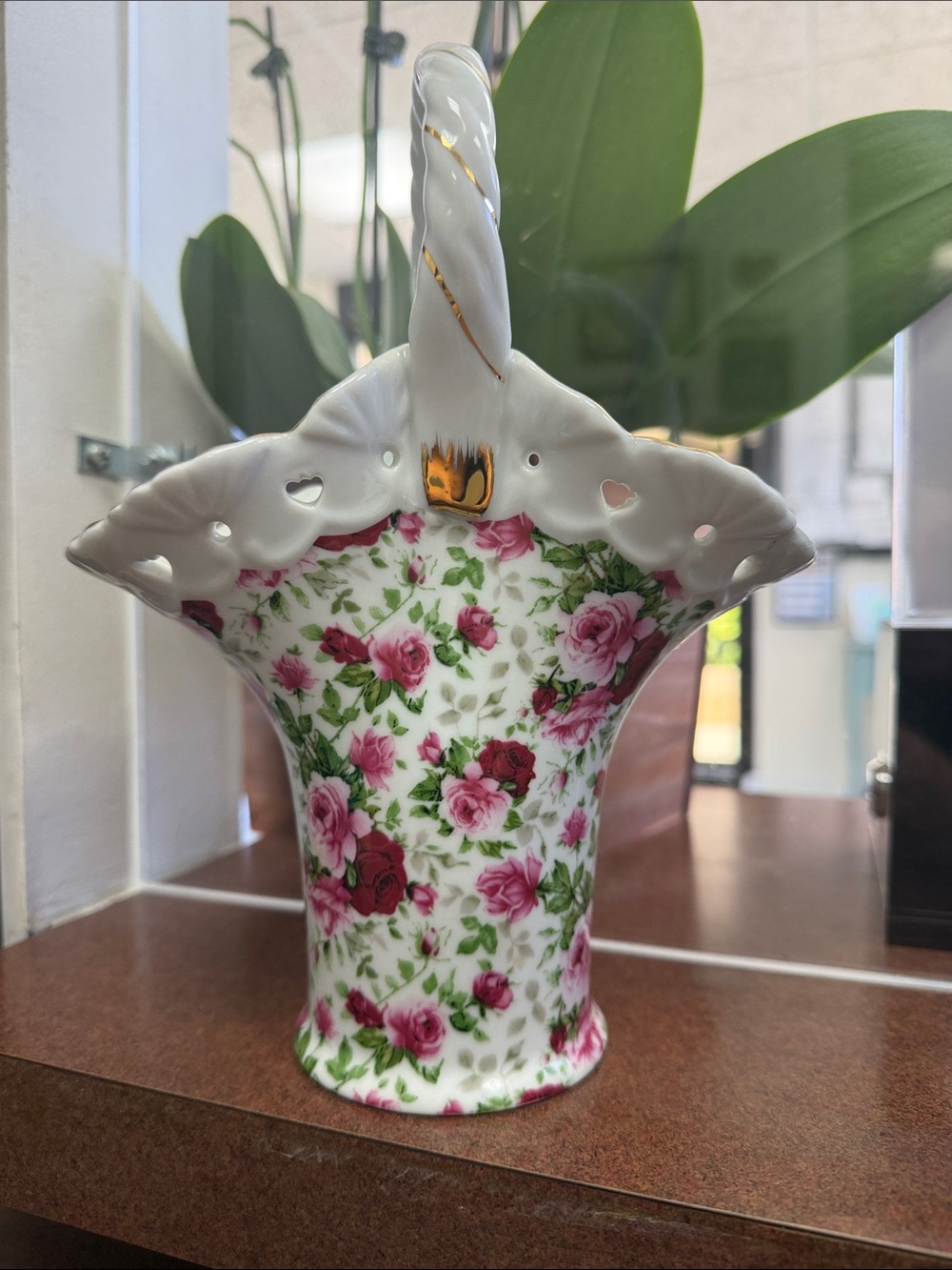 Floral Porcelain Basket Vase with Gold Accents
